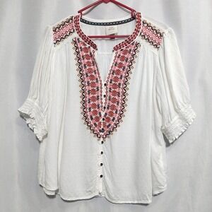 Knox Rose Boho XL Button Up Peasant Top Floral Embroidered Balloon Sleeves